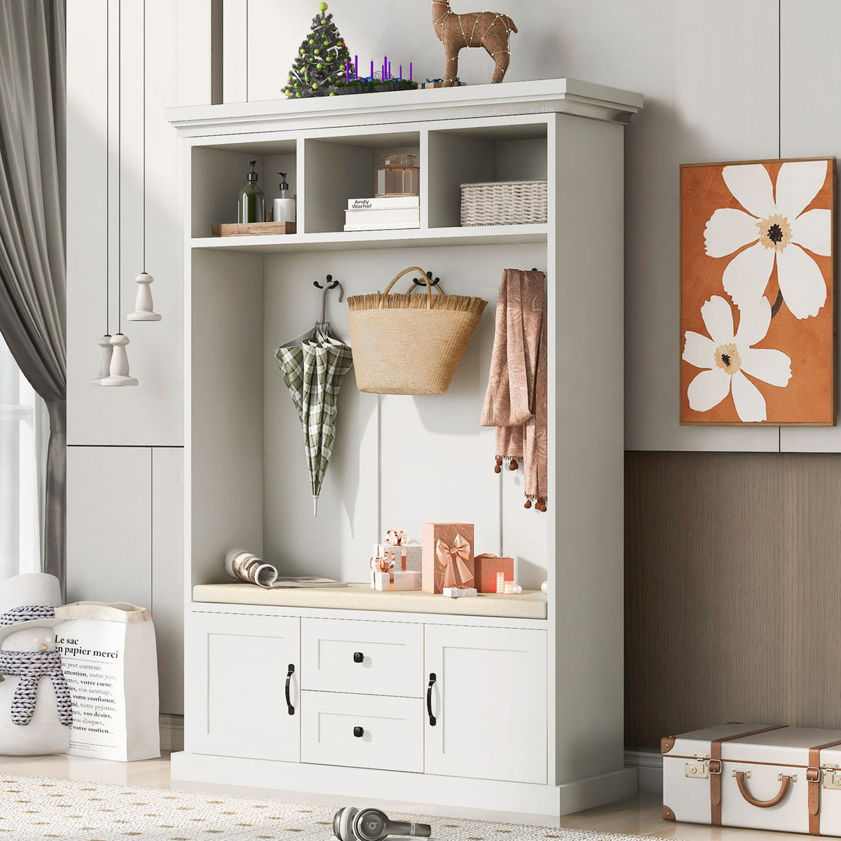 Hall Tree With 3 Hooks, Coat Hanger, Entryway Bench, Storage Bench, 3 In 1 Design