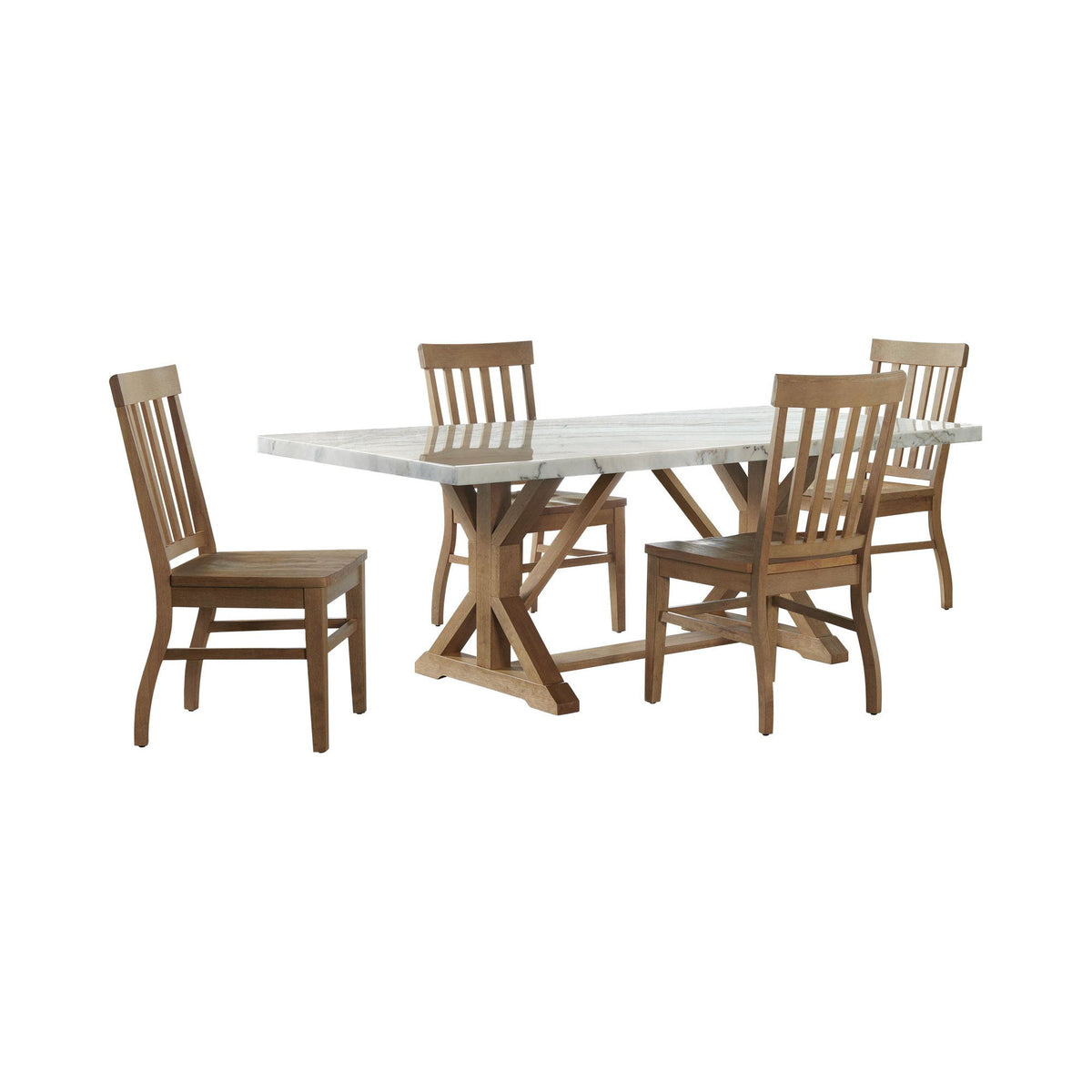 Rectangular dining table with glass top and four slat-back wood chairs