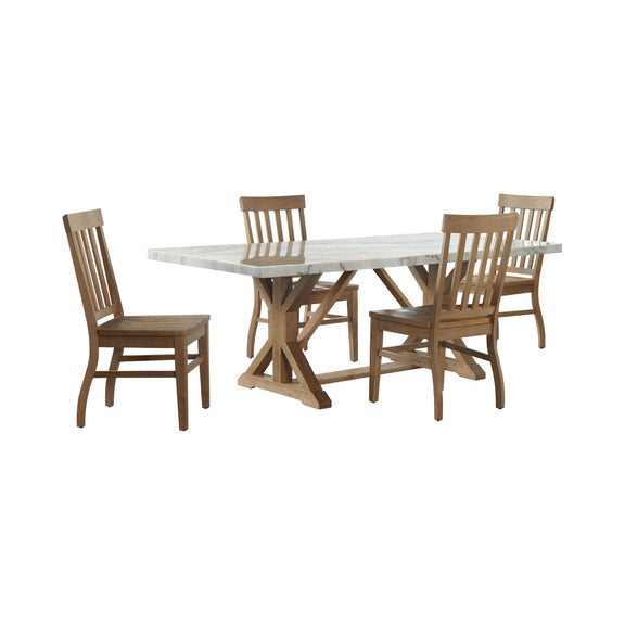 Rectangular dining table with glass top and four slat-back wood chairs