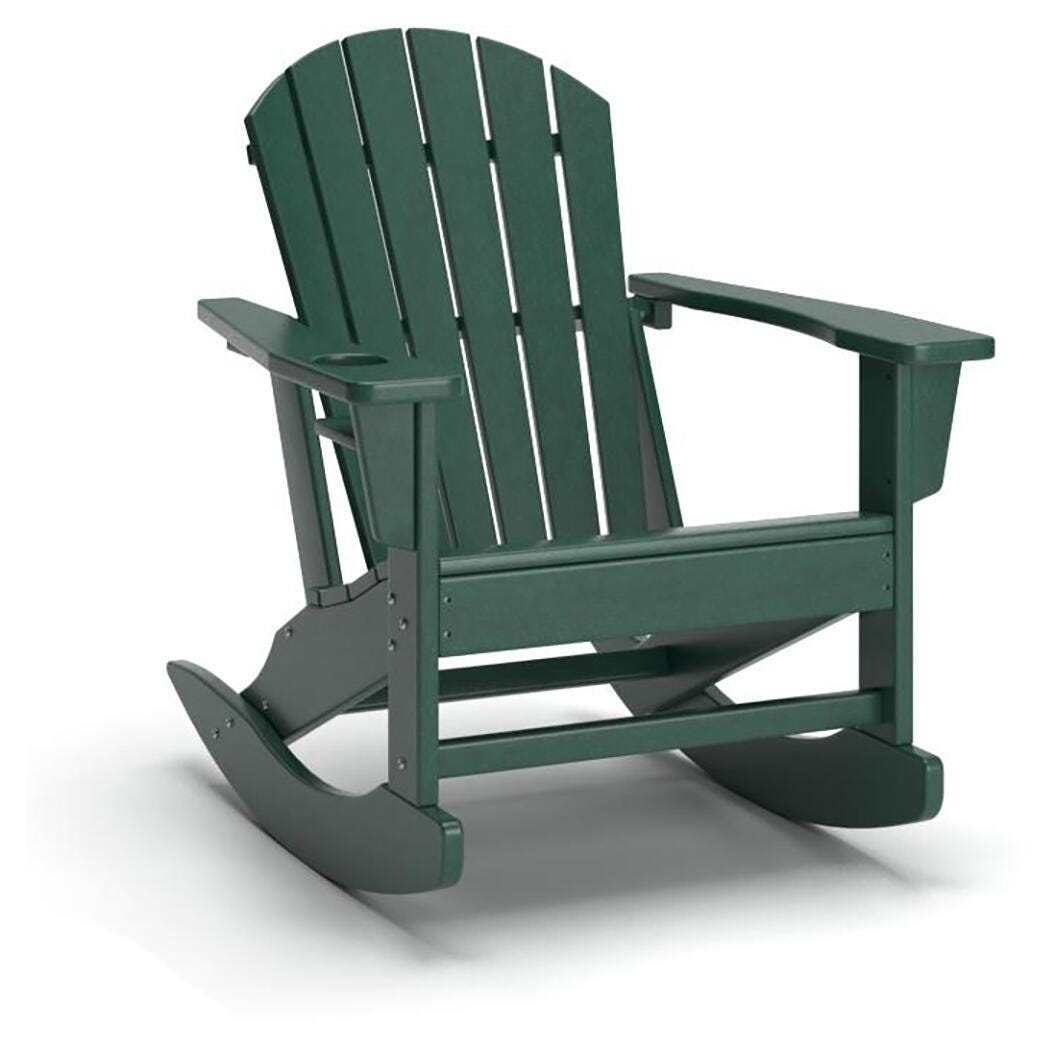 Green rocking chair with curved slat back and wide armrests