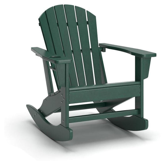 Green rocking chair with curved slat back and wide armrests