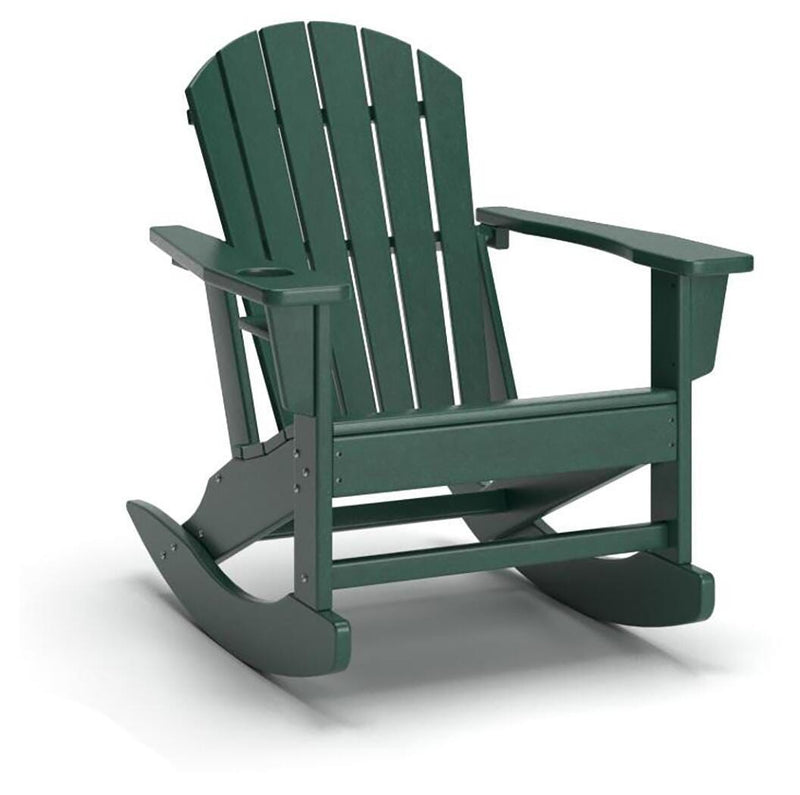 Green rocking chair with curved slat back and wide armrests