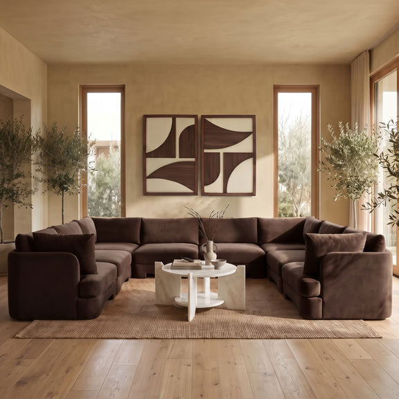 Dark brown velvet U-shaped sectional sofa, 8-piece set with thick seat cushions