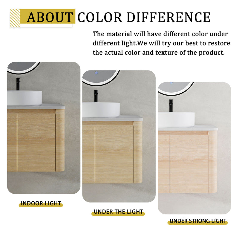 Bathroom vanity color-variation graphic showing light wood cabinet with white art sinks