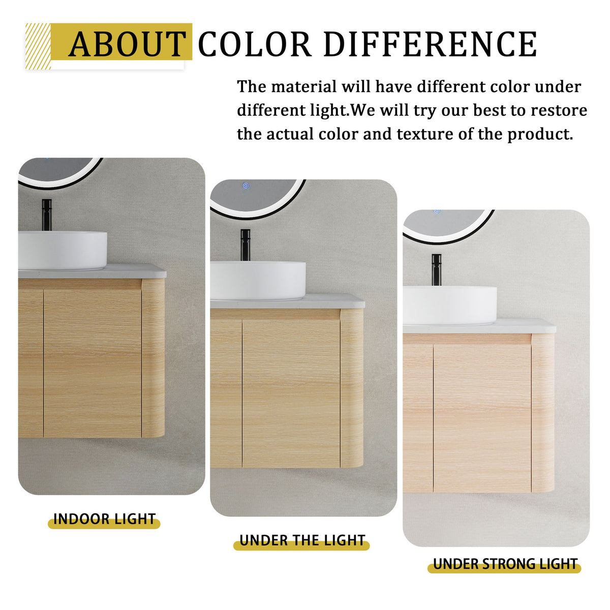 Mounted bathroom vanity with vessel sink; color may vary under different lighting