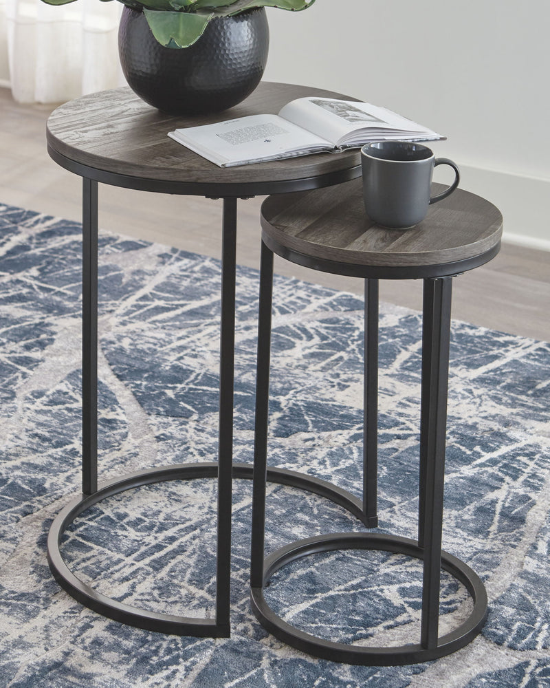 Nested accent tables set (2) with gray round tops and dark metal ring base