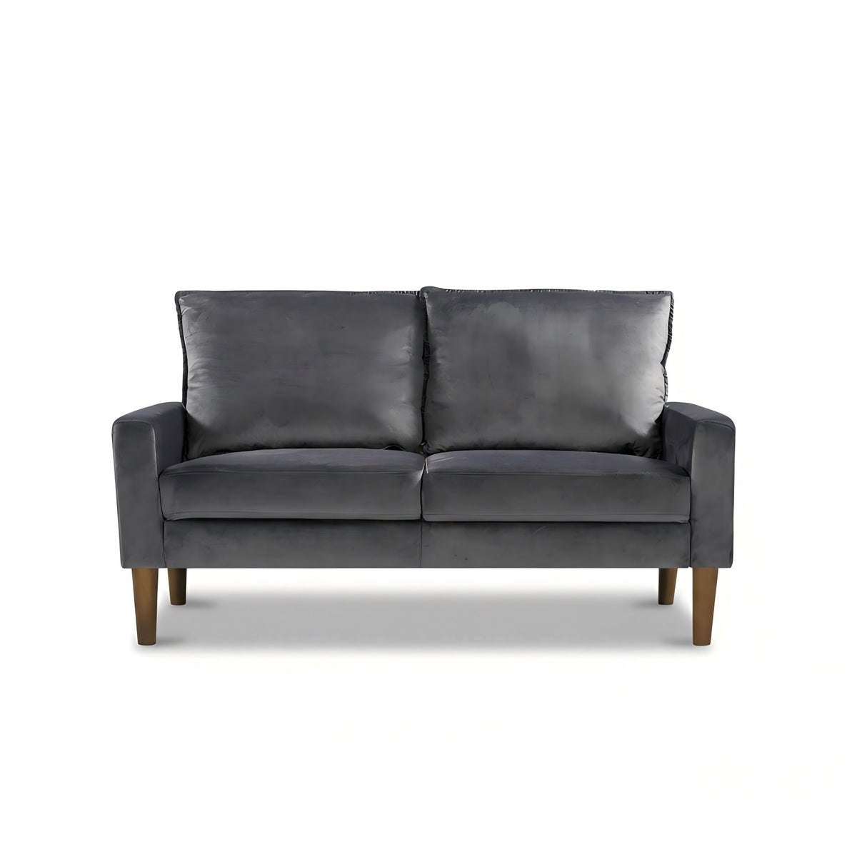 Upholstered 2-seater loveseat sofa in dark gray with two back cushions and armrests