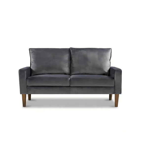 Upholstered 2-seater loveseat sofa in dark gray with two back cushions and armrests
