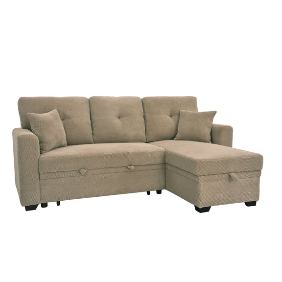 Light brown sleeper sectional sofa with reversible chaise and two throw pillows
