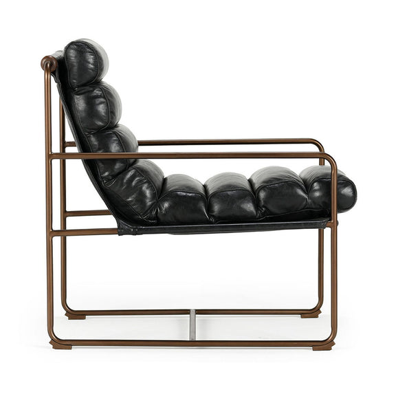 Jet black faux leather accent chair with deep seat and bronze metal base frame