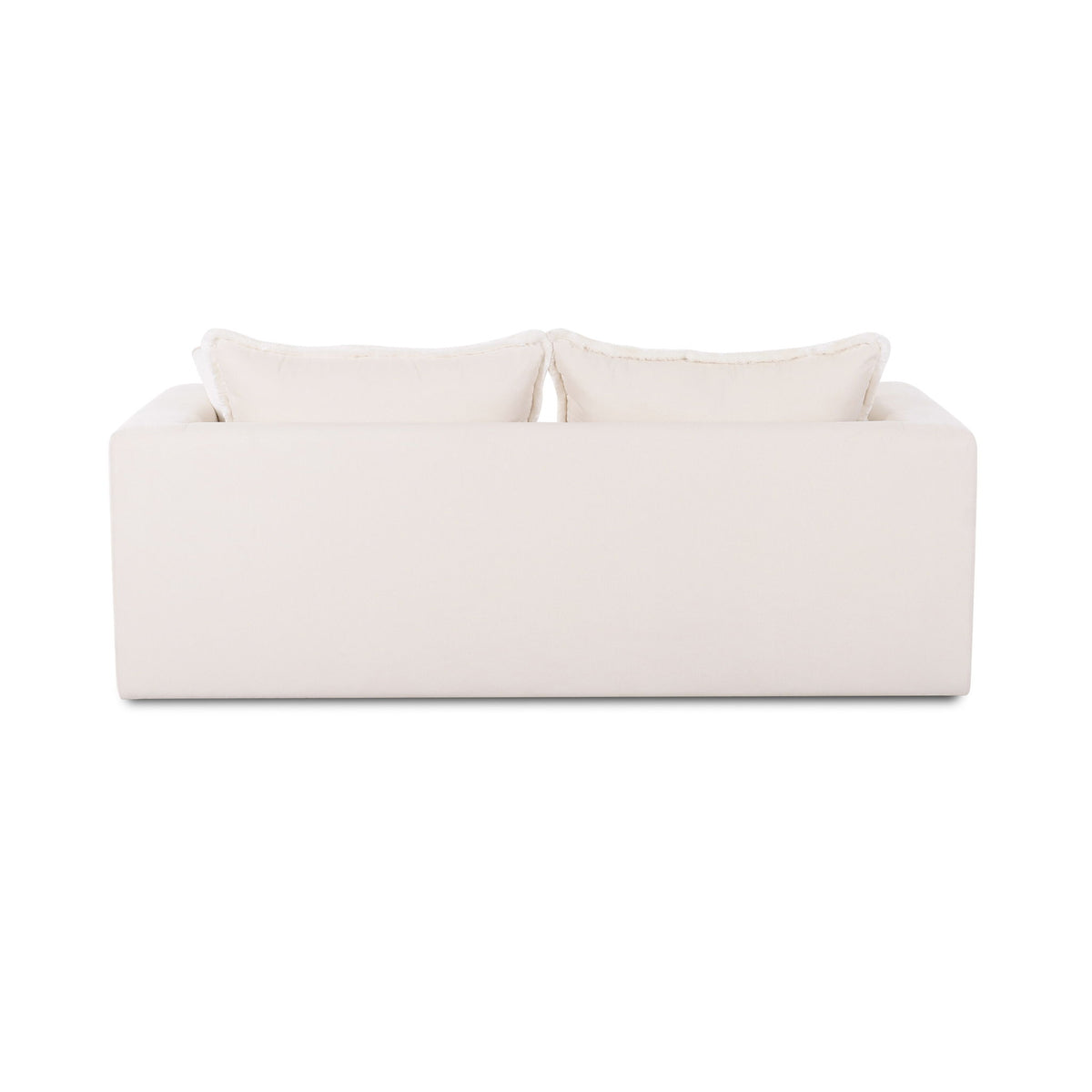 Cream-white boucle outdoor sofa with stacked seat and back cushions and two pillows