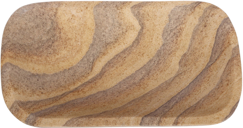 Sandstone oval tray close-up with swirling tan, gray, and cream stone bands