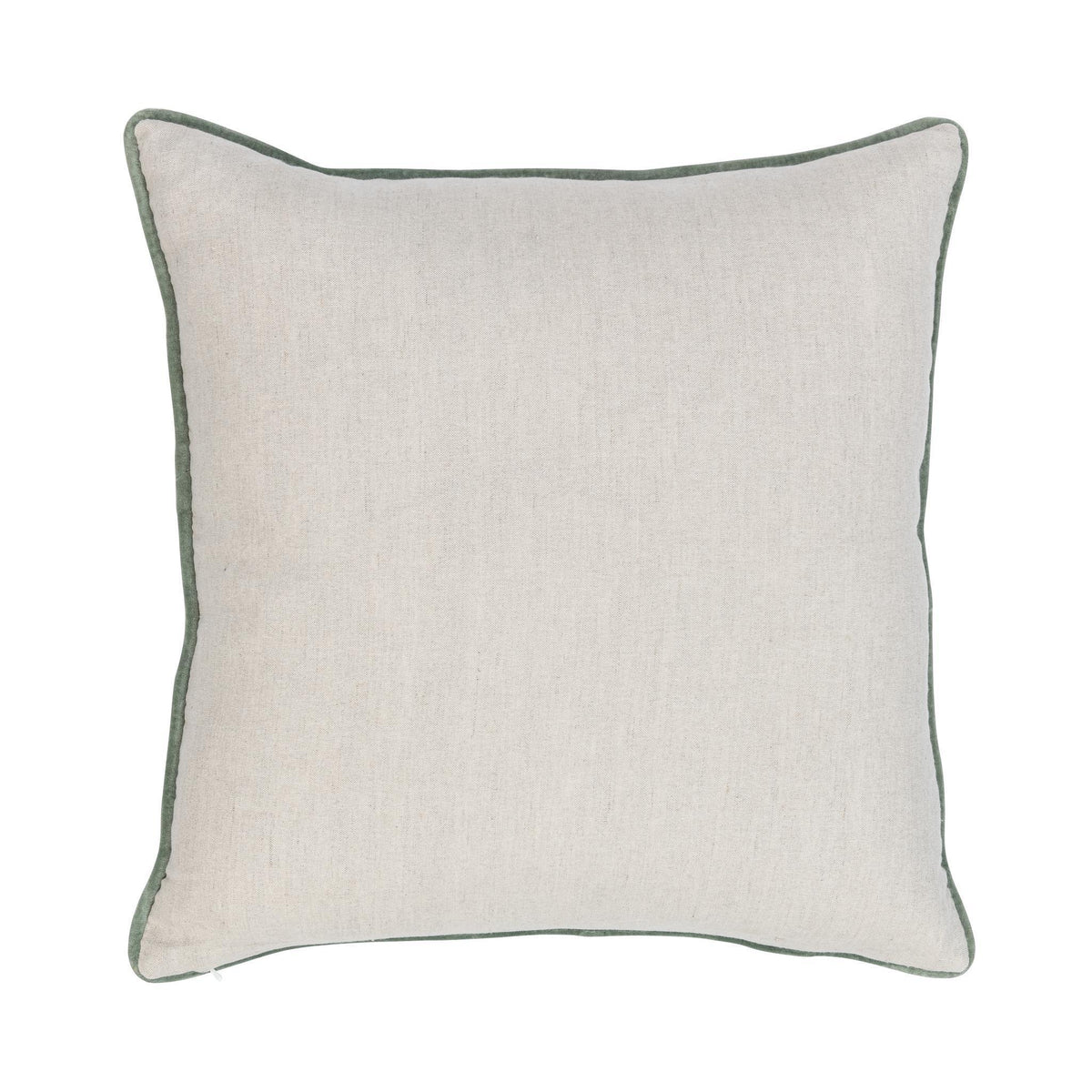 Ivory square pillow with subtle textured fabric and green piping