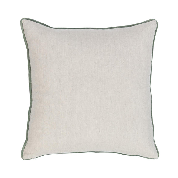 Ivory square pillow with subtle textured fabric and green piping