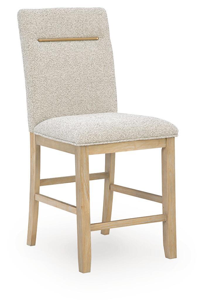 Upholstered barstool with beige seat, light brown wooden legs, and gold trim