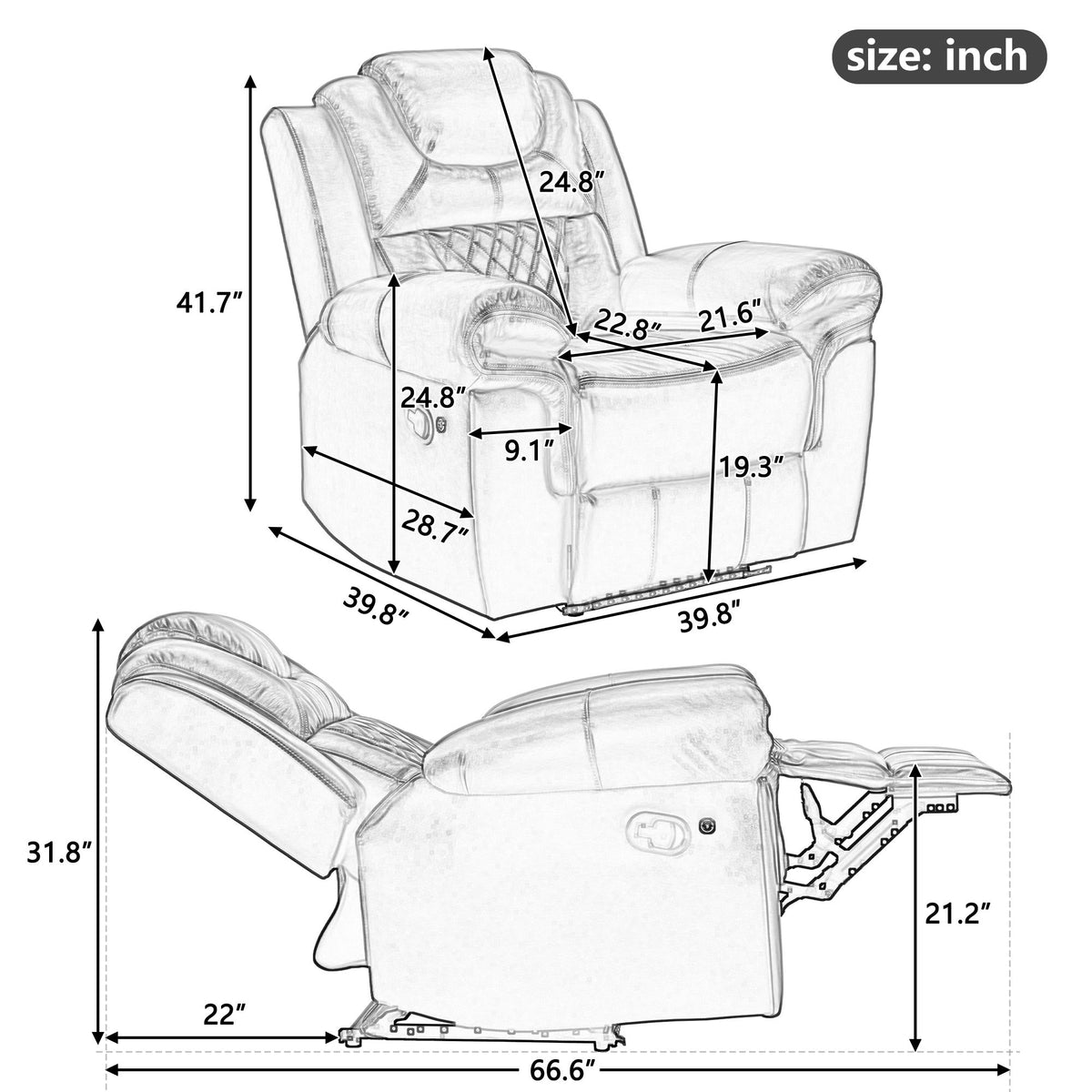 Manual recliner chair size diagram with labeled dimensions in inches and open footrest