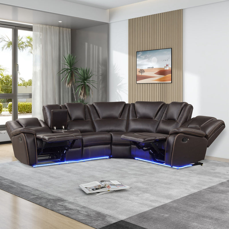 Modern Manual Reclining With Center Console And LED Light Strip, Living Room Furniture Set, Symmetrical Couch With 2 Cup Holders And Storage For Living Room