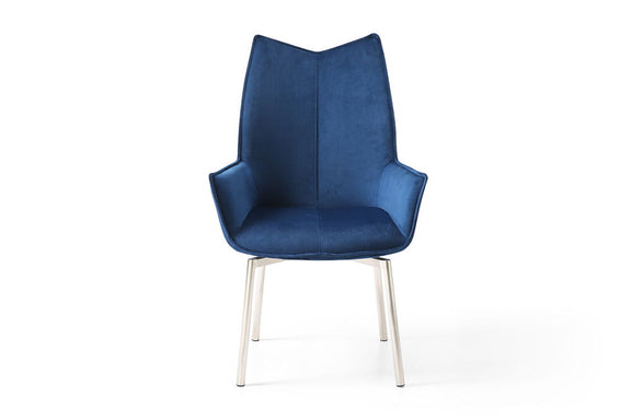 Blue swivel dining chair with padded seat and tall backrest, white metal legs