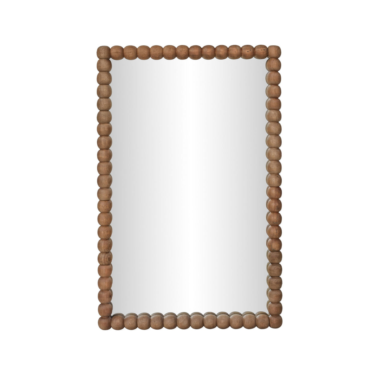 Natural wood rectangular mirror with thick rounded bead trim border around the glass.