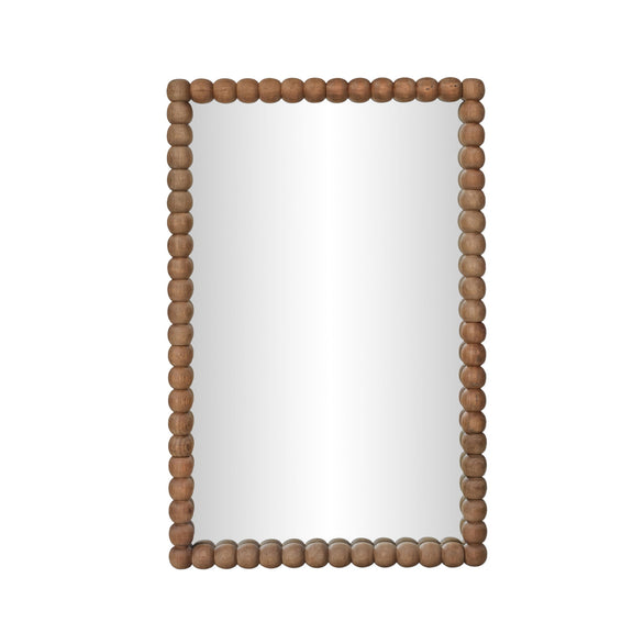 Natural wood rectangular mirror with thick rounded bead trim border around the glass.