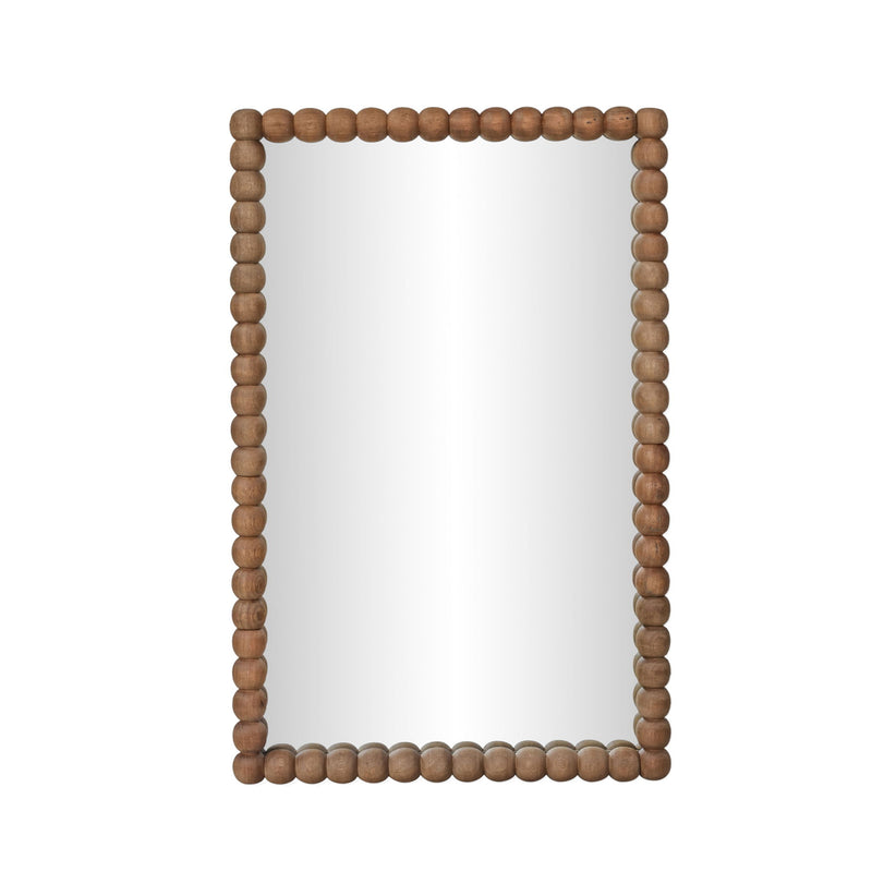 Natural wood rectangular mirror with thick rounded bead trim border around the glass.