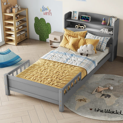 Twin Pine Wood Bed with Bookcase Headboard, LED Motion Sensor Light, Guardrails, Grey