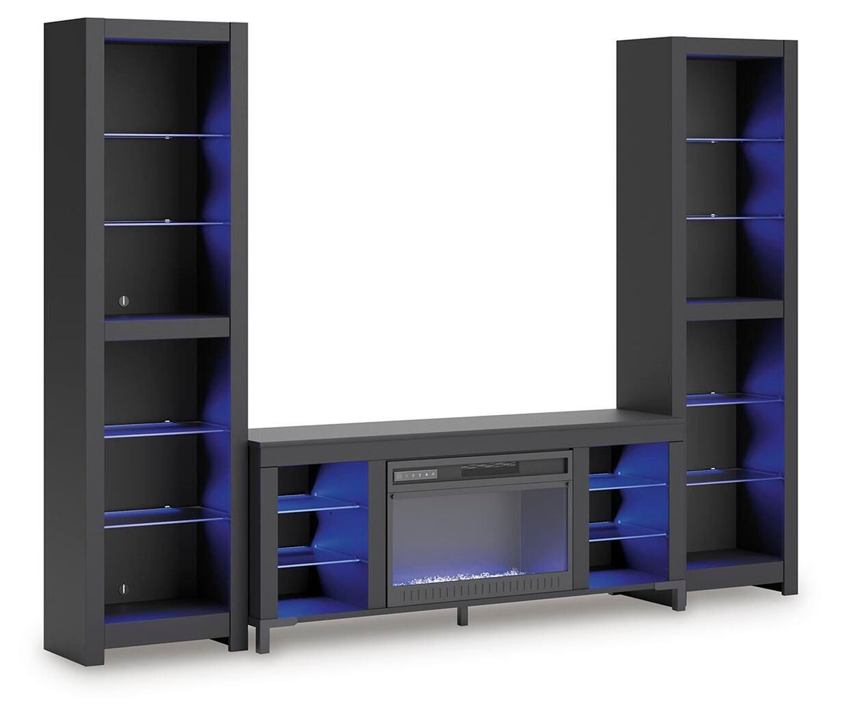Black 3-piece entertainment center with electric fireplace showing blue flame effect