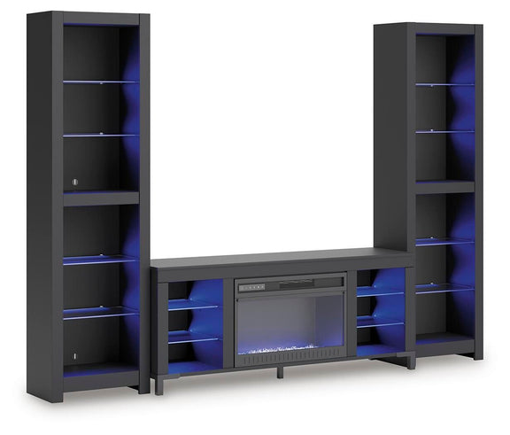Black 3-piece entertainment center with electric fireplace showing blue flame effect