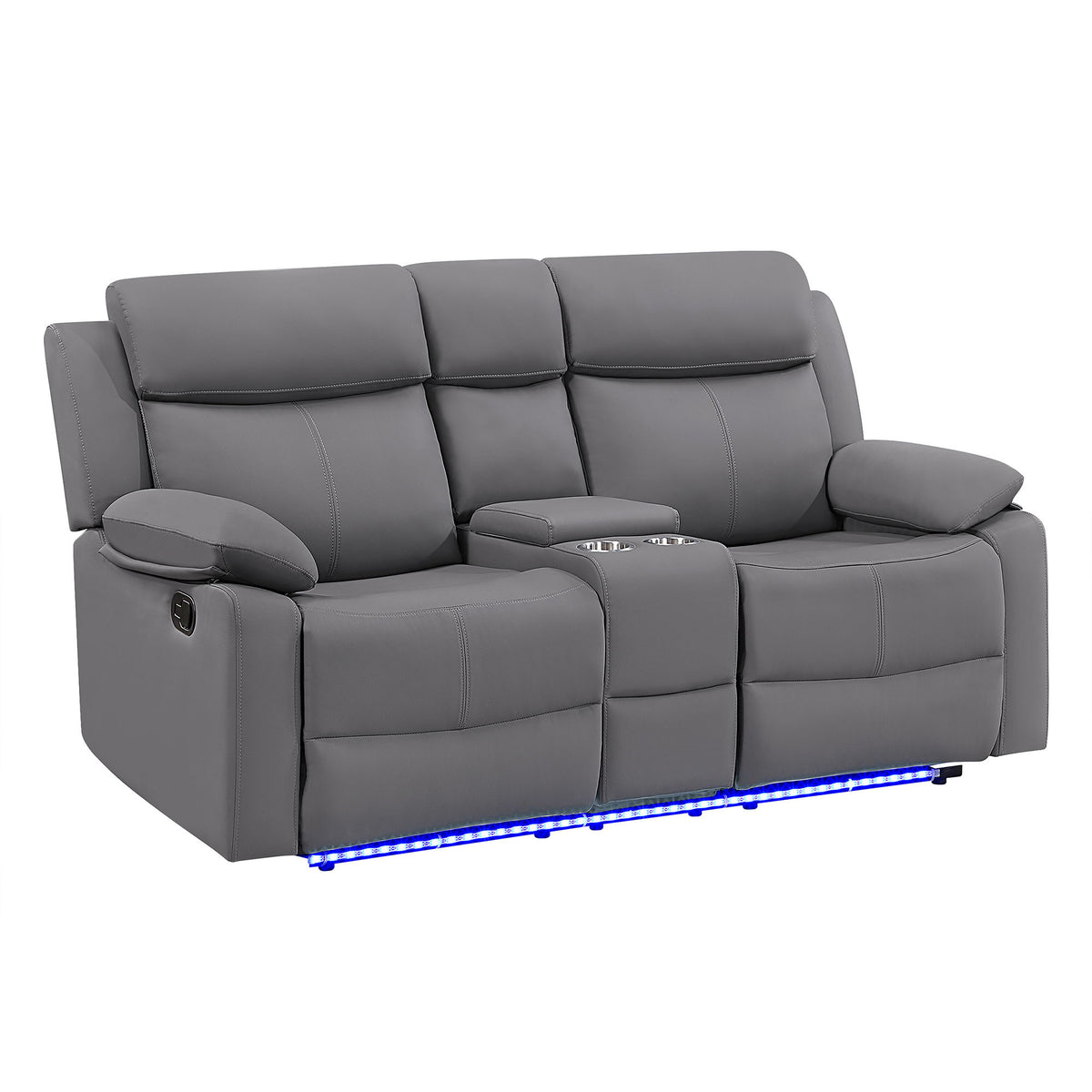 Gray reclining sofa with rounded armrests and blue LED light strip along the bottom
