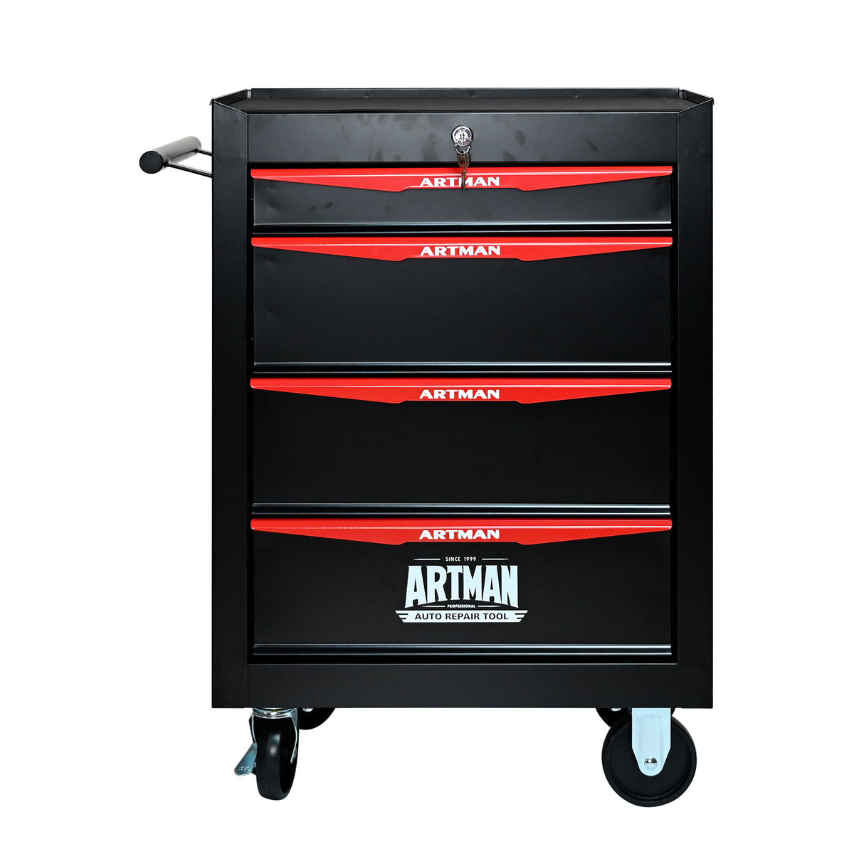 Rolling metal tool chest with drawers, black cabinet with red striped drawer fronts and wheels