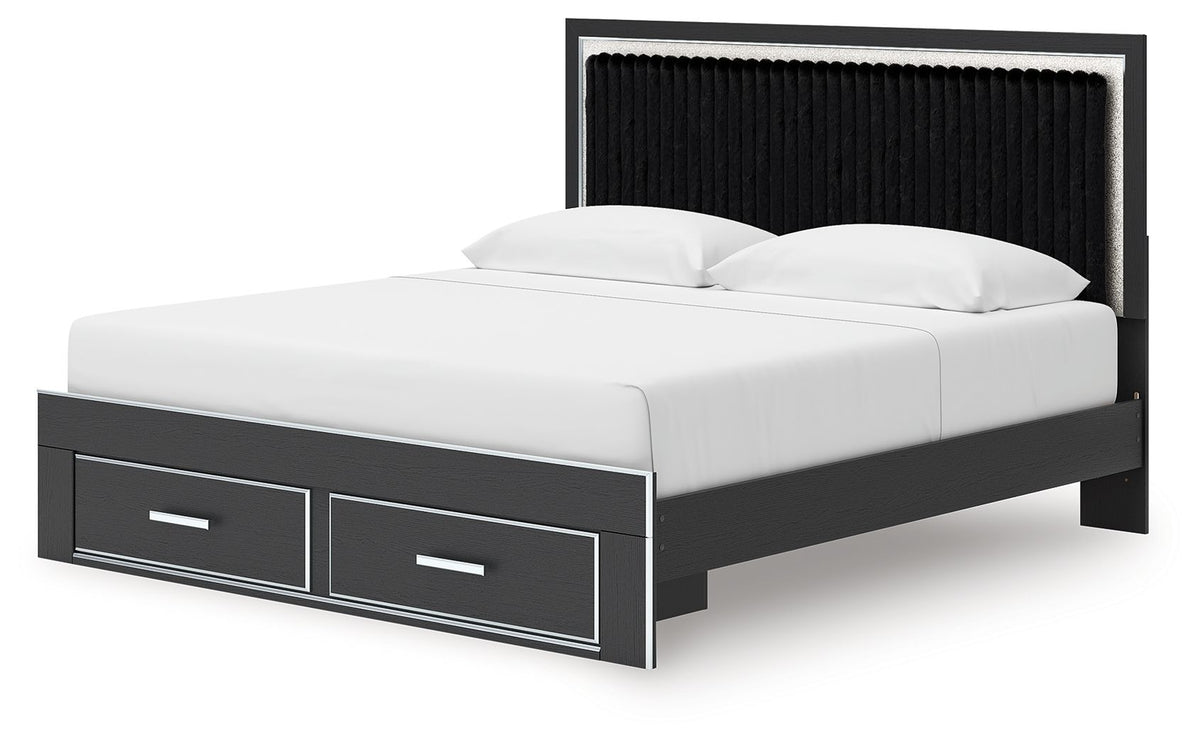 Upholstered platform storage bed, black frame with 2 front drawers, white upholstered mattress
