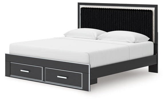 Upholstered platform storage bed, black frame with 2 front drawers, white upholstered mattress