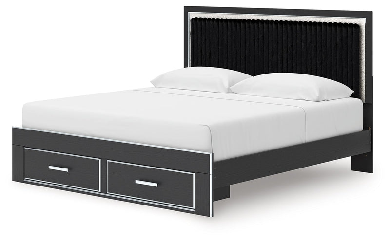 Upholstered platform storage bed, black frame with 2 front drawers, white upholstered mattress