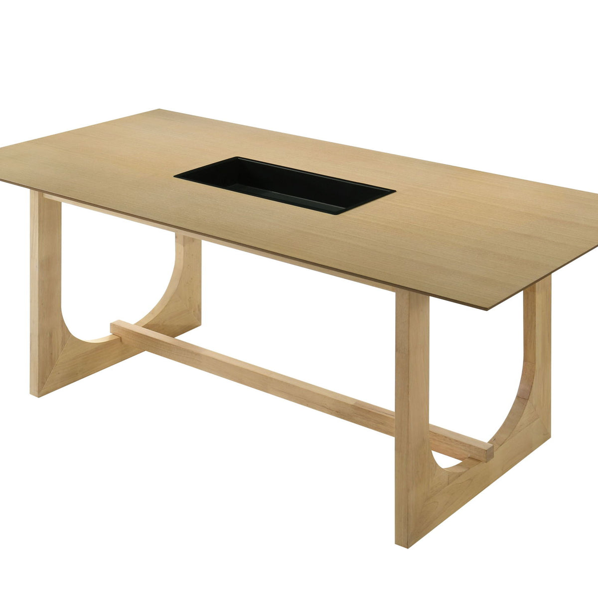 Natural wood rectangular dining table with black recessed panel and arched legs