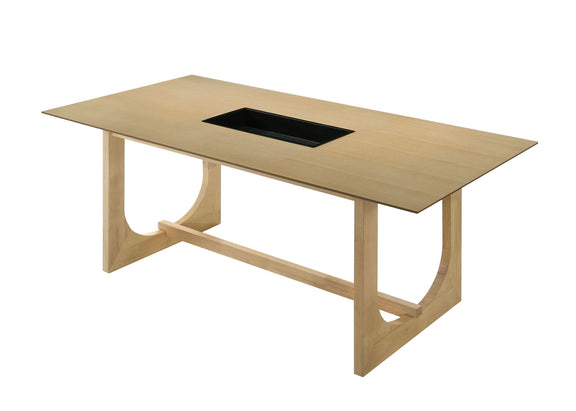 Natural wood rectangular dining table with black recessed panel and arched legs