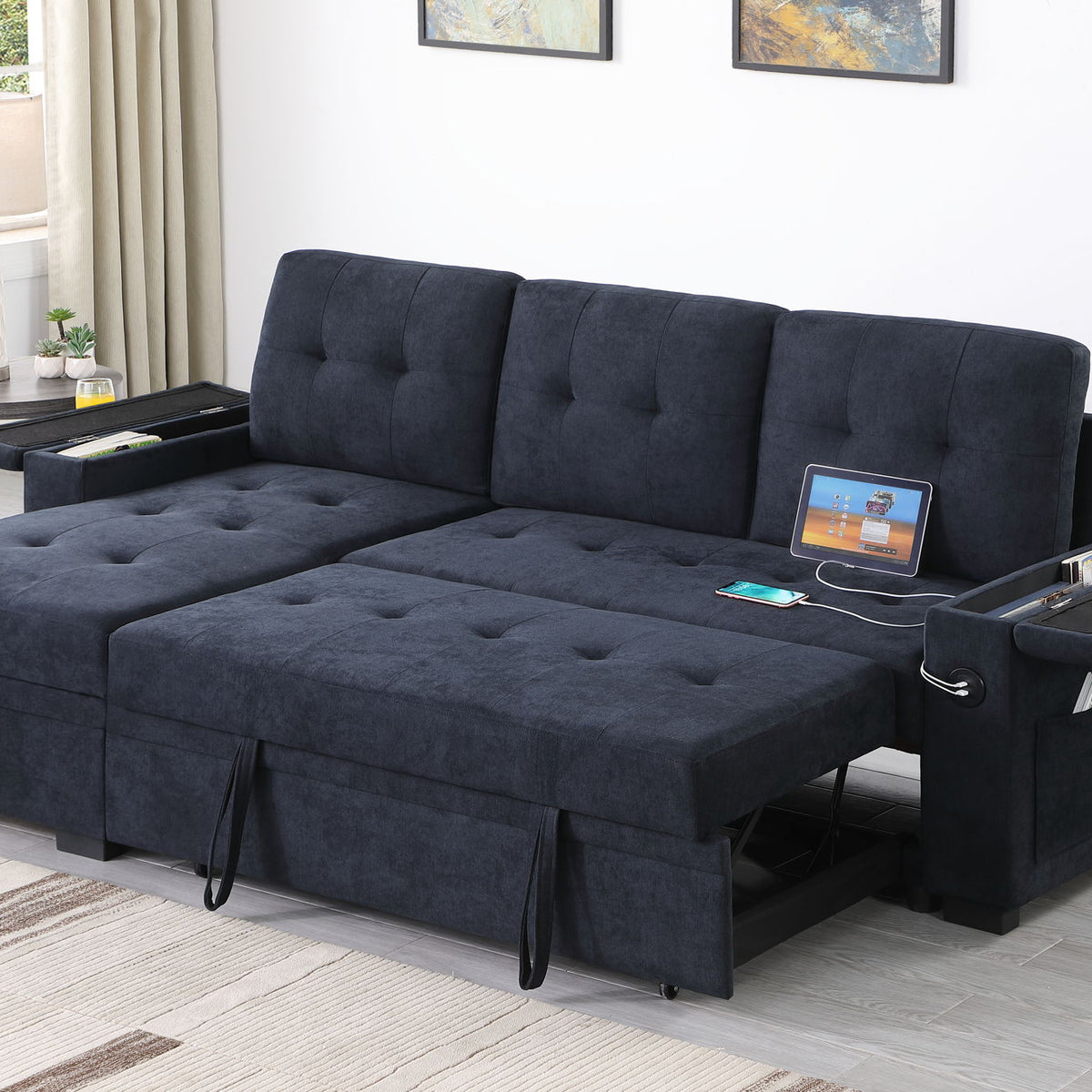 Ashlyn II - 84"W Woven Fabric Reversible Sleeper Sectional Sofa with Storage Chaise