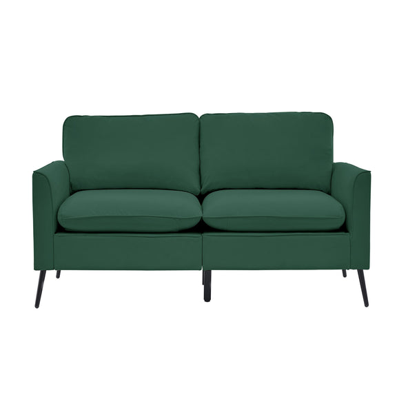 Dark green upholstered loveseat sofa with split seat cushions and straight legs