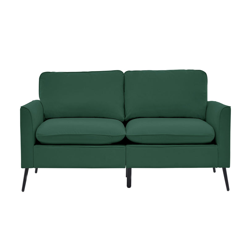 Dark green upholstered loveseat sofa with split seat cushions and straight legs