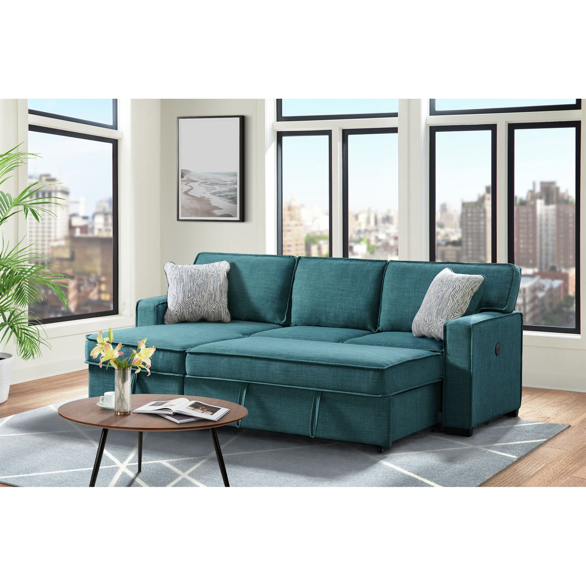 Caracas - Sectional RHF Loveseat With Pull Bed, Dropdown Table, 1 USB & 1 Pillow - Palmer Teal