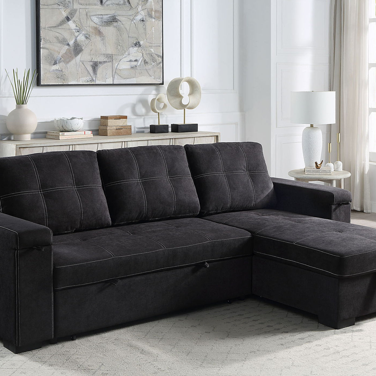 Toby - Woven Fabric Reversible Sleeper Sectional Sofa With Storage Chaise Cup Holder Charging Ports And Pockets