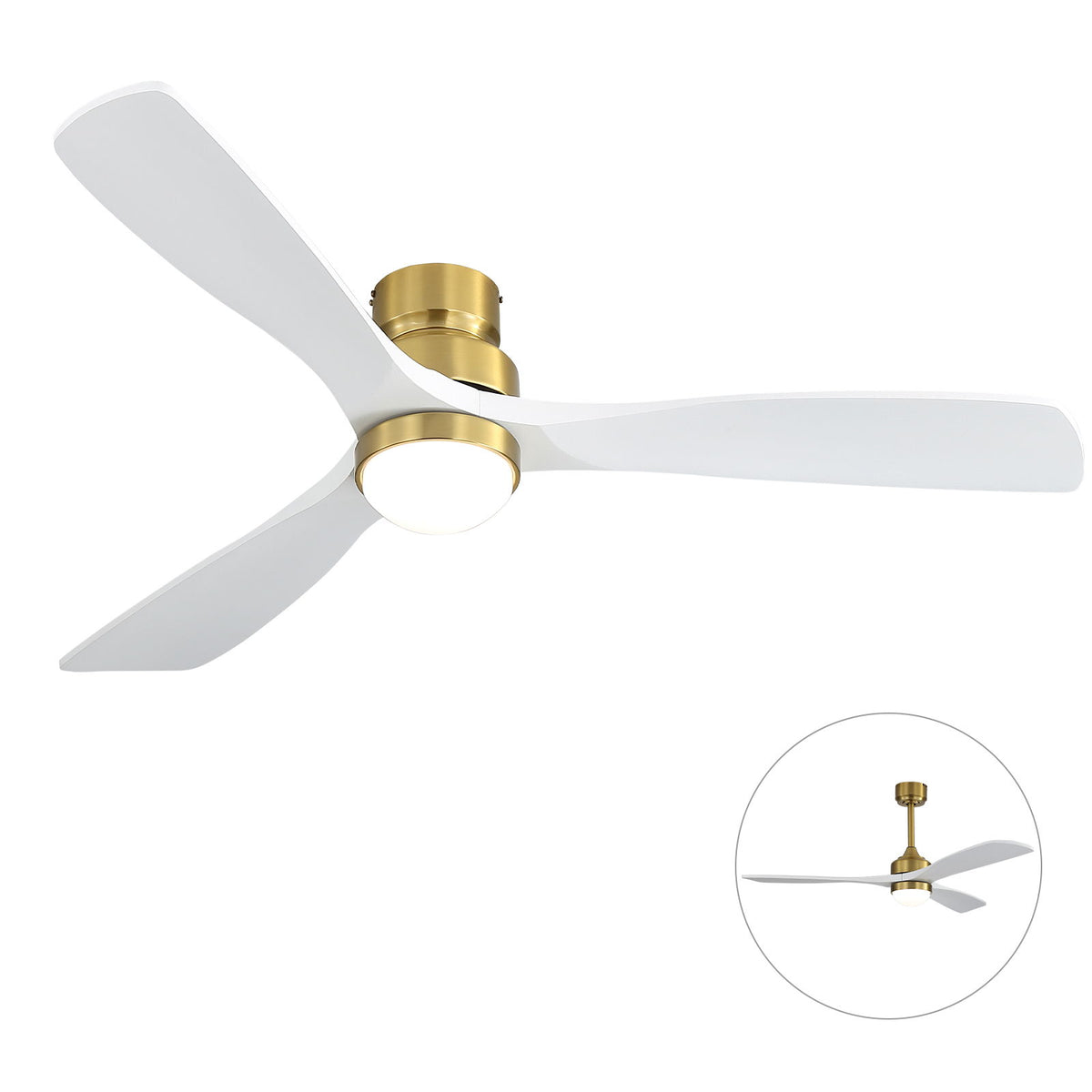 Gold and white flush-mount ceiling fan with 3 blades and integrated light