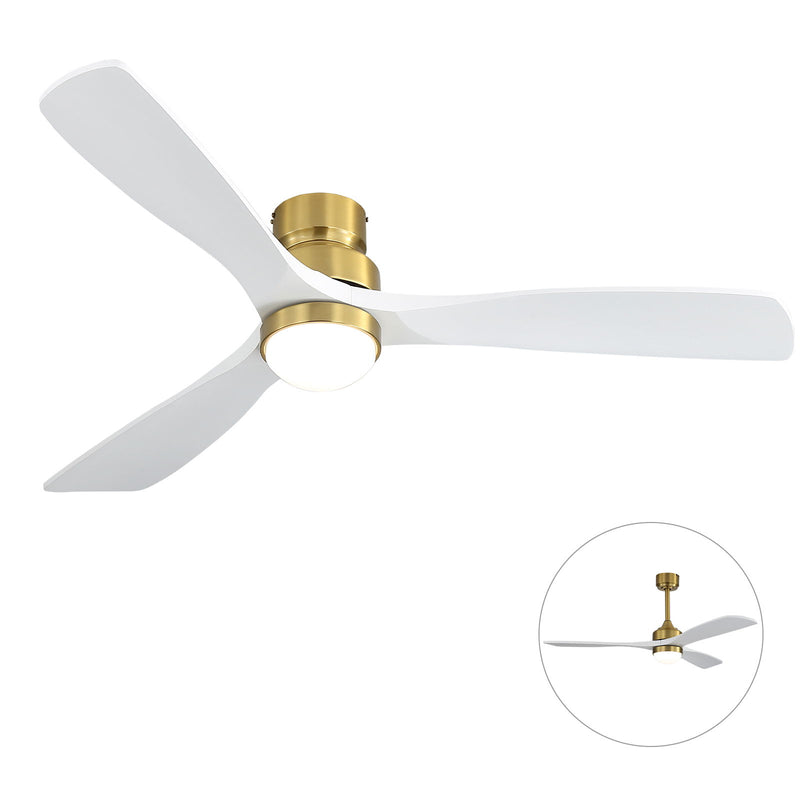 Gold and white flush-mount ceiling fan with 3 blades and integrated light