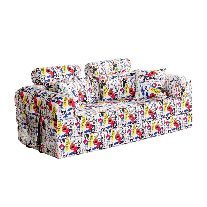 Convertible sleeper sofa with white graffiti-style print, 3-seat cushioned frame