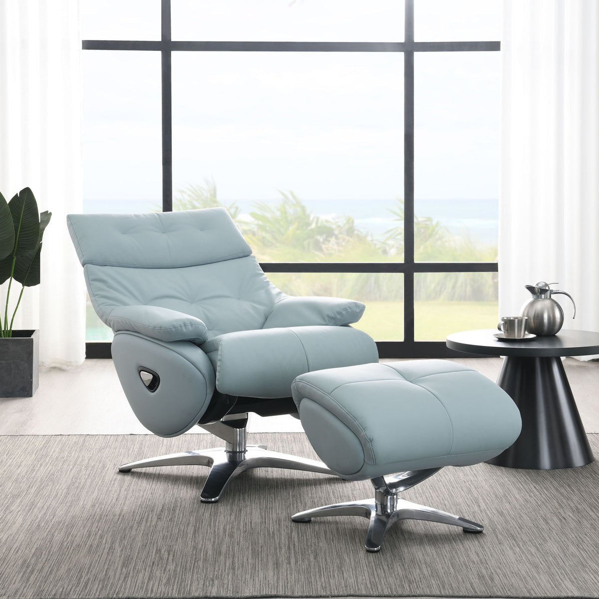 Janella - Top Grain Leather Accent Chair With Swivel & Ottoman - Baby Blue