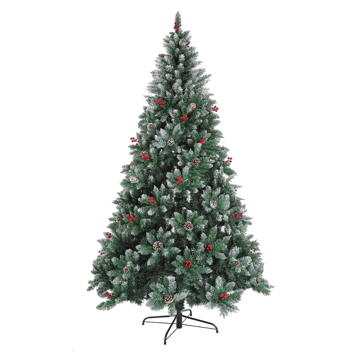Dark green artificial Christmas tree with LED lights, red ornaments, and full snowy branches