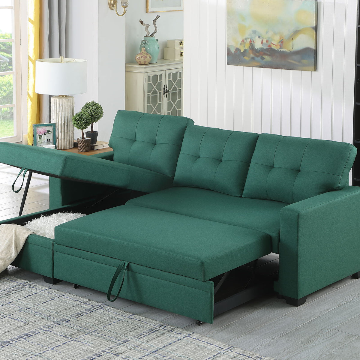 Upholstered Pull Out Sectional Sofa With Chaise