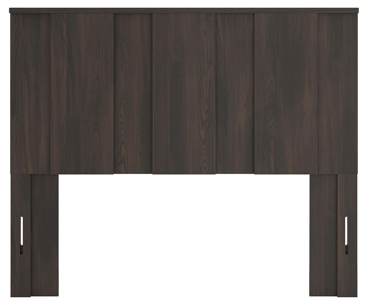 Dark brown panel headboard with two side cutout panels and vertical slats
