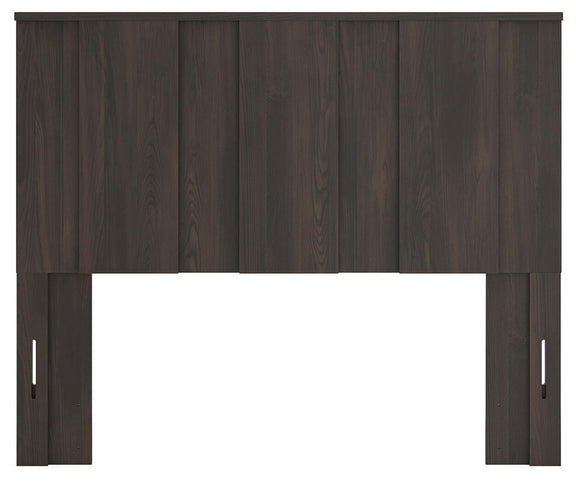 Dark brown panel headboard with two side cutout panels and vertical slats