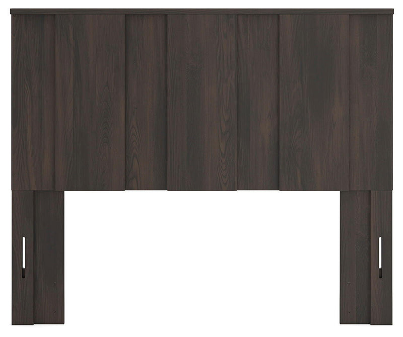 Dark brown panel headboard with two side cutout panels and vertical slats