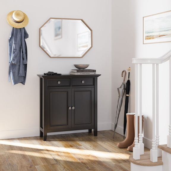 Amherst entryway storage cabinet in dark hickory brown with two drawers and paneled doors